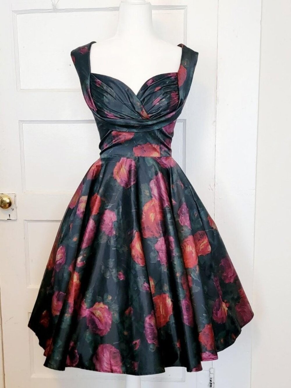 Trashy Diva "Honey Dress" Dark Floral Satin Circle-Skirt Dress – Size 12